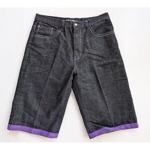 Vintage Raw Blue Jean‎ Shorts Mens 34 Y2K Purple Lined Pocket Embroidered Baggy